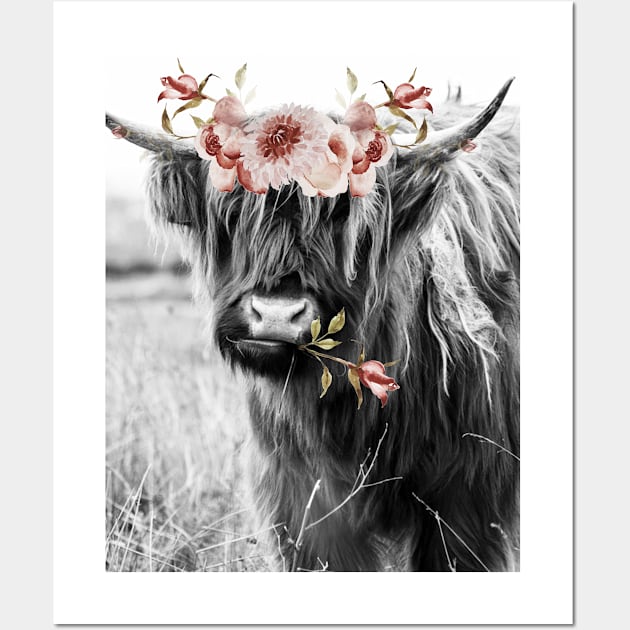 Highland Cow Portait with Watercolor Flowers Wall Art by AmyBrinkman